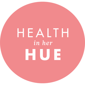 Logo of 'Health in her Hue' with text in a stacked layout inside a coral-pink circle. 'HEALTH' is at the top, 'in her' in a smaller font in the middle, and 'HUE' at the bottom, all in white, sans-serif font, conveying a modern and feminine wellness brand.